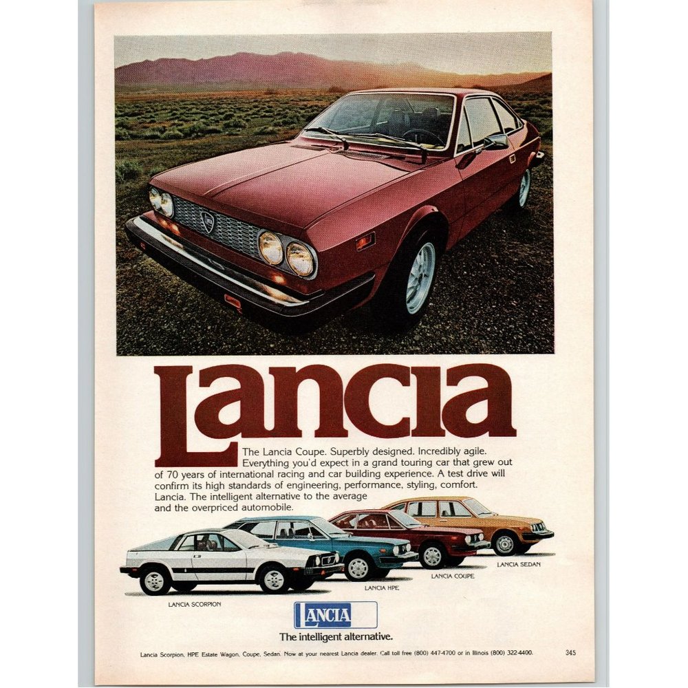 1978 Lancia Coupe Red Sports Car Vintage Print Ad Scorpion HPE Mountains Desert